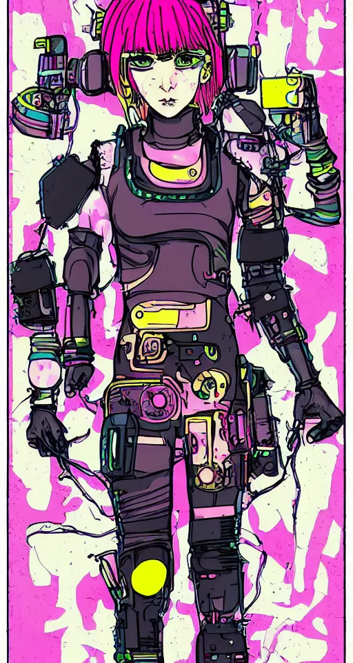 Image similar to portrait of a female cyborg cyberpunk gutterpunk, yellow and pink, in the style of manga