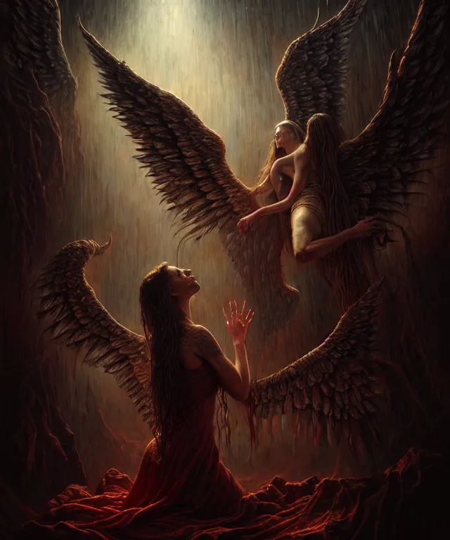 Image similar to epic professional digital art of angels and demons, horrific yet beautiful vibe, evocative, atmospheric lighting, painted, intricate, highly detailed, by leesha hannigan, wayne haag, reyna rochin, ignacio fernandez rios, mark ryden, iris van herpen, artstation, cgsociety, stunning, gorgeous, sharp focus, cinematic, masterpiece