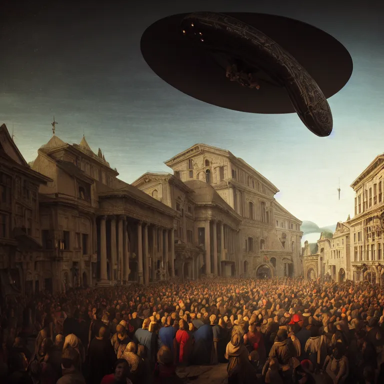 Image similar to crowd of medieval people surrounding UFO flying saucer, dream-like atmosphere, baroque painting, beautiful detailed intricate insanely detailed octane render trending on Artstation, 8K artistic photography, photorealistic, soft natural volumetric cinematic light, chiaroscuro, award-winning photograph, masterpiece, Raphael, Caravaggio, Greg Rutkowski, Beeple