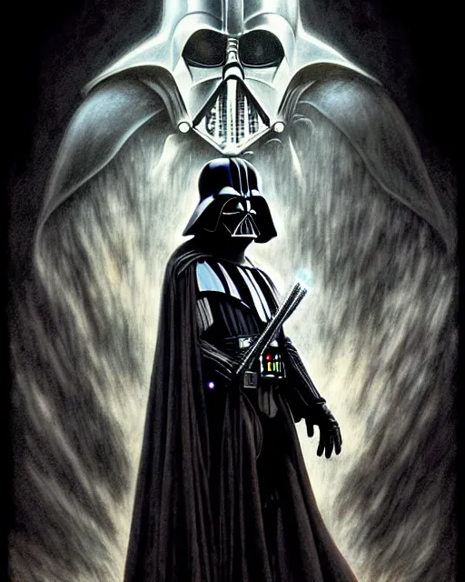 Image similar to side shot of platonic ideal of darth vader, niander wallace, malignant dieselpunk and god complex dementor wild hunt chtulu nazgul mandelbulb davinci, frank frazetta, fantasy, ego death, detailed, intricate, volumetric lighting, hyperrealism, intense, scary, decay, artgerm, greg rutkowski, alphonse mucha