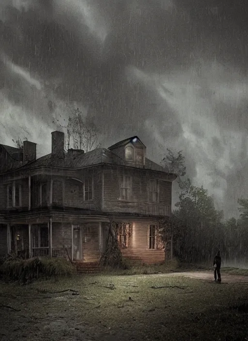 Image similar to frankenstein standing in front of a house on a rainy day, a digital rendering by gregory crewdson, trending on cgsociety, american scene painting, ominous vibe, matte drawing, atmospheric