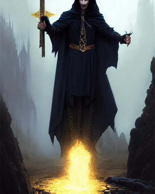 Prompt: handsome mage holding a tall stave, long black hair wearing gothic navy cloak with gold details, cave town, fantasy character portrait, ultra realistic, movie key visual, concept art, intricate details, highly detailed by greg rutkowski, ilya kuvshinov, gaston bussiere, craig mullins, simon bisley