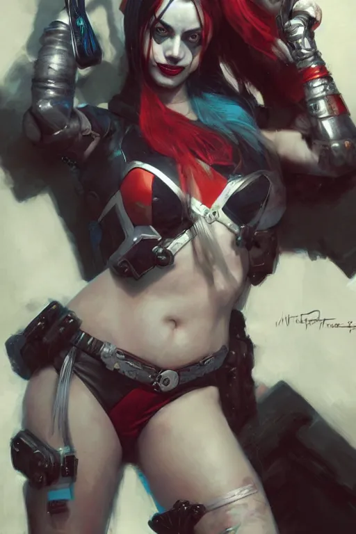 Image similar to portrait of Harley Quinn in bikini armor, dc comics, cyberpunk, Warhammer 40000, digital art from artstation by Ruan Jia and Mandy Jurgens and Artgerm and william-adolphe bouguereau