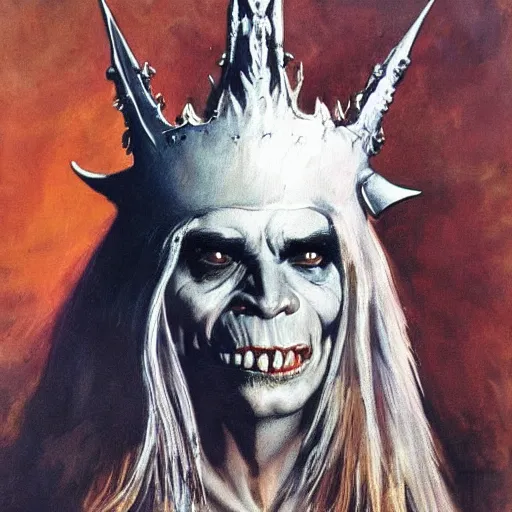 Image similar to The goblin king wearing a bone crown, painting by Frank Frazetta, detailed, 4k