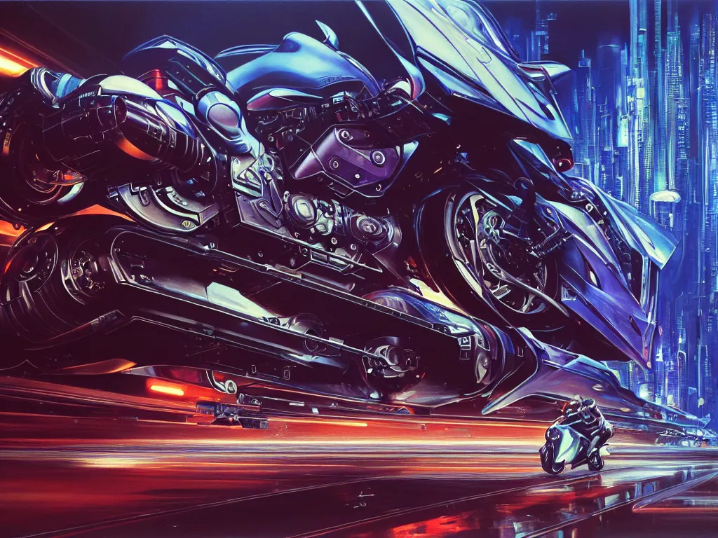 Prompt: hyperrealistic painting of a slice of life from a futuristic city, mechanical designs, futuristic vehicles, technological, engineering, night, vivid color, futuristic motorbike, elegant, meticulous, cinematic, cyberpunk style, highly detailed!, realism, intricate, acrylic on canvas, 8 k resolution, concept art, by noriyoshi ohrai, john berkey, moebius