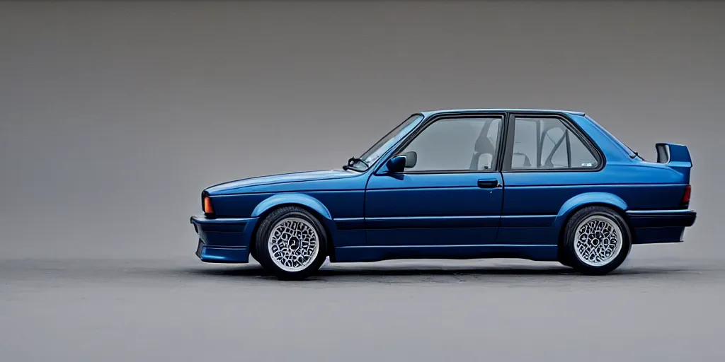 Image similar to bright dark blue BMW e30 drifting, hyper realism, depth of view 8k.