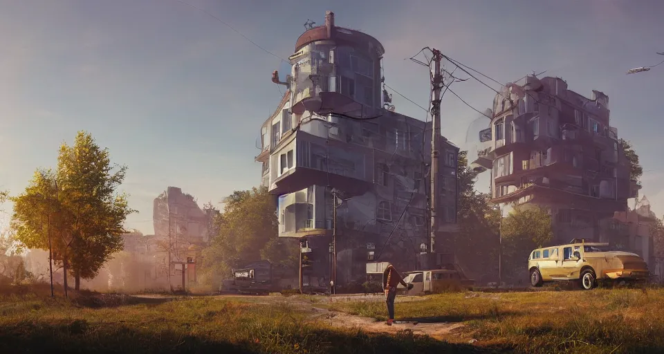 Image similar to obsolescence of home , realistic rendering, sunny day, unreal engine, 4k, hdr, high dynamic range, f12, simon stalenhag