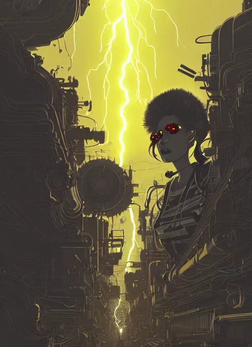 Image similar to highly detailed portrait of wasteland punk long curly bright yellow and white plasma electricity hair tribal lady, stray electric spark wiring by atey ghailan, james gilleard, by joe fenton, by greg rutkowski, by greg tocchini, by kaethe butcher, 4 k resolution, gradient yellow, black and white color scheme!!! ( ( lightning cloudy robotic dystopian city background ) )