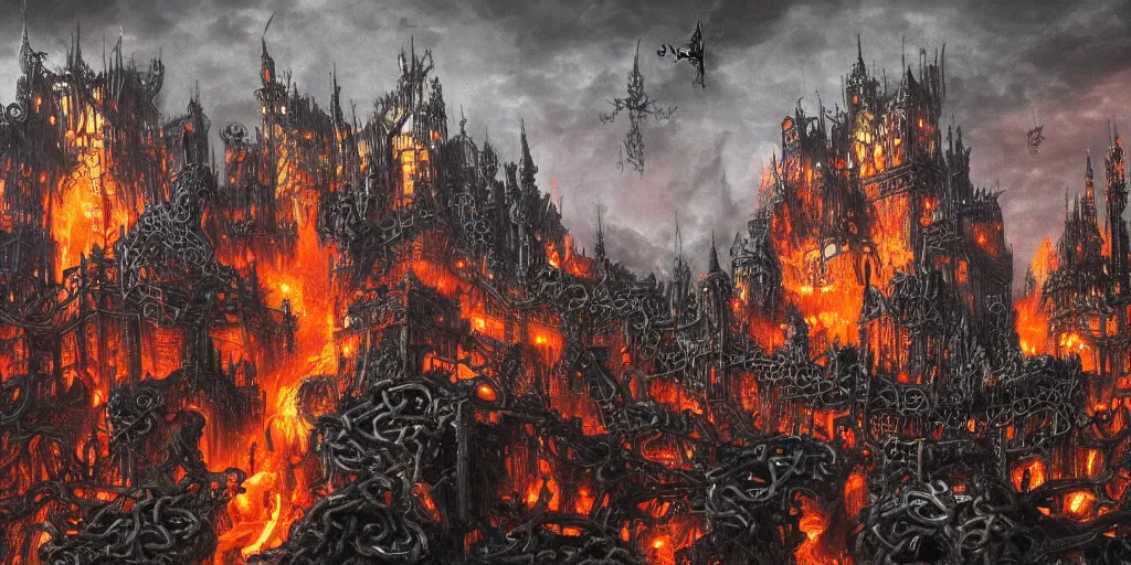 Image similar to Chained fantasy city in hell, by Carl Laubin, with blackened steel chains rising to the sky and castles. Dramatically lit, with intricate details and colours of flame and smoke