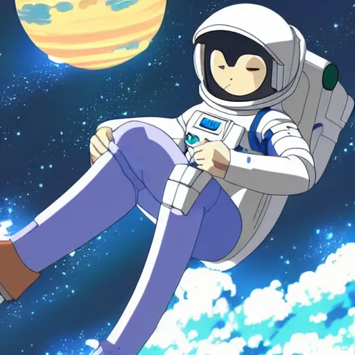 Image similar to an anime astronaut relaxing in space, manga character, anime, studio ghibli,