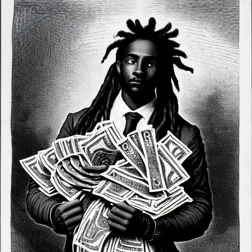 Image similar to young black man with freeform dreadlocks holding stacks of cash, biblical image, style of gustave dore, highly detailed, beautiful, high contrast, black and white