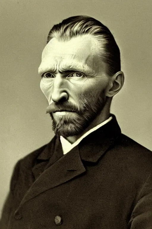 Prompt: a monochrome daguerrotype realistic, supersharp portrait of vincent van gogh, shallow depth of field