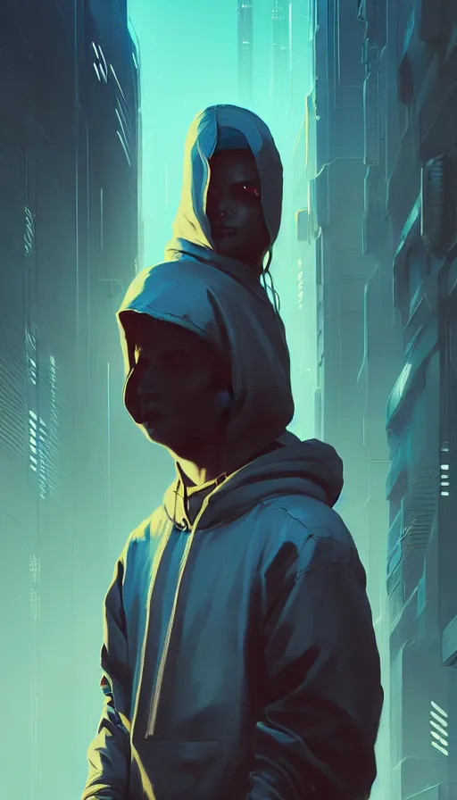 Image similar to cyberpunk synth, hyper - realistic portrait of a man in a hoodie, cyberpunk, by atey ghailan, by greg rutkowski, by greg tocchini, by james gilleard, by joe fenton, by kaethe butcher, dynamic lighting, gradient light blue, brown, blonde cream and white color scheme, grunge aesthetic