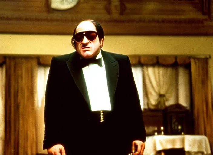 Image similar to film still of Danny de Vito as the Godfather 1972, cineastic, brown colors, 8K