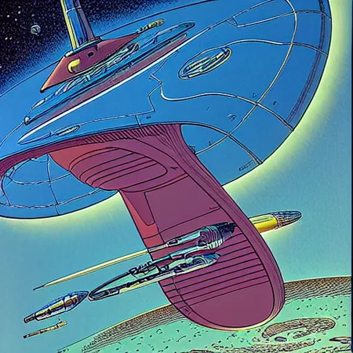 Image similar to the crew of the enterprise - d on the style of jean giraud moebius
