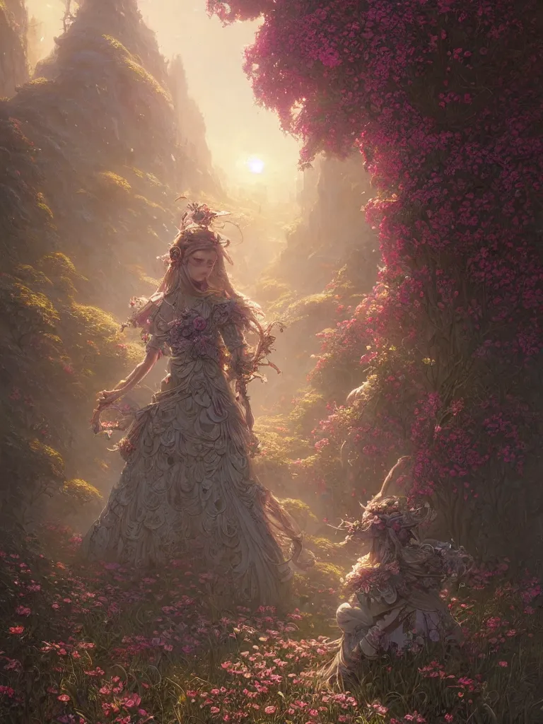 Image similar to highly detailed ornate flower dress, stephen bliss, unreal engine, fantasy art by greg rutkowski, loish, rhads, ferdinand knab, makoto shinkai and lois van baarle, ilya kuvshinov, rossdraws, tom bagshaw, global illumination, radiant light, detailed and intricate environment