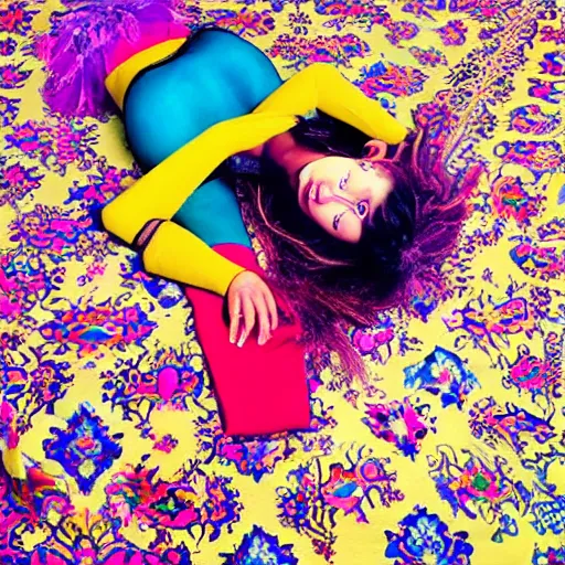 Prompt: a beautiful fashion model laying on a colorful ( ( ( persian rug ) ) ), ( ( ( ( ( wearing a lot of different colorful ties on her body ) ) ) ) )!!!!!. surreal photograph, toiletpaper magazine, top shot, 3 5 mm photograph, colourful, by pierpaolo ferrari, maurizio cattelan