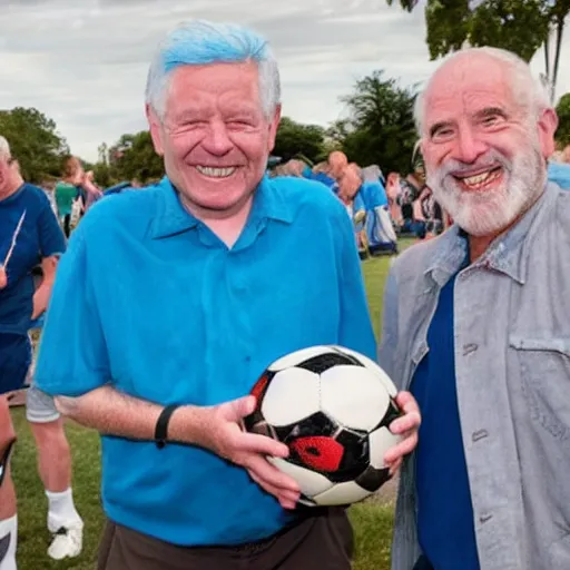 Prompt: an old man with blue hair bringing his priceless soccer ball to the antiques roadshow,