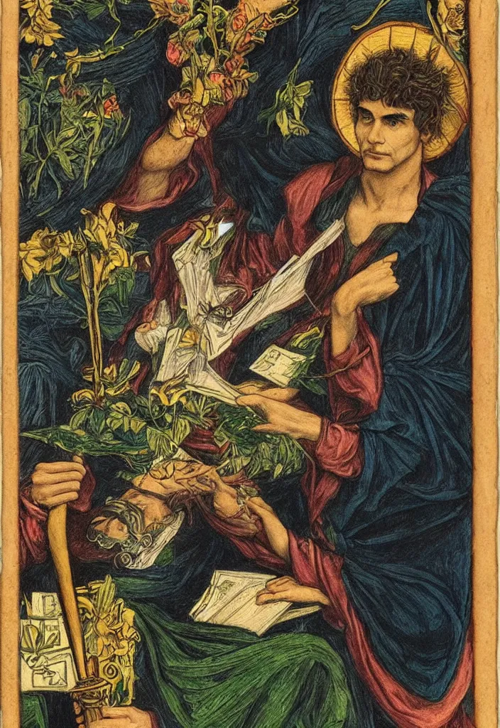 Image similar to Yoshua Bengio as the Magician on the Tarot card. Illustration by preraphaelists.