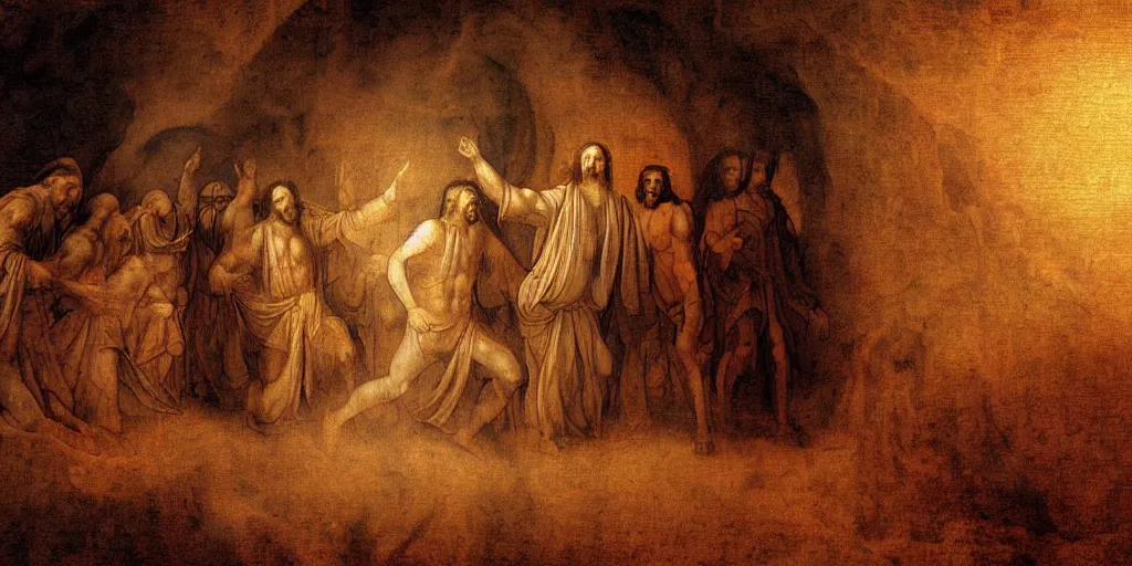 Prompt: Jesus Christ, walking through hell, to destroy Satan's kingdom, a fantasy digital Painting, by Leonardo da Vinci