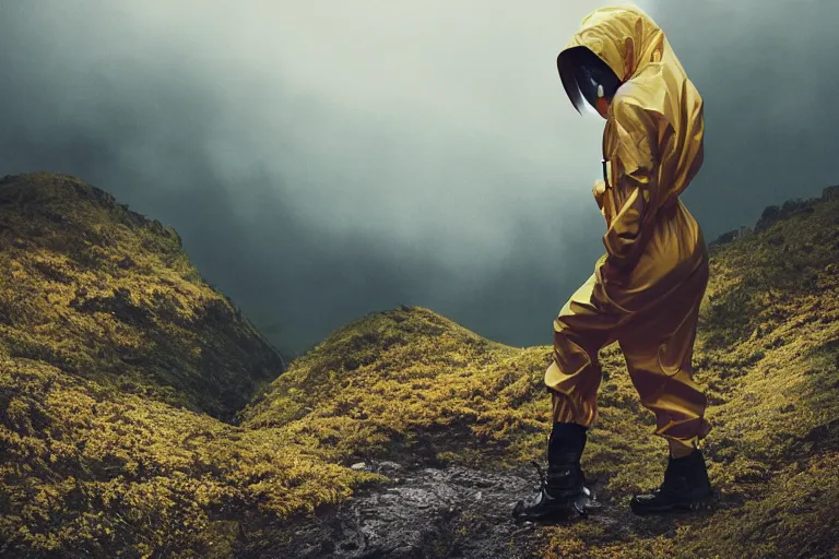 Prompt: a cinematic portrait of a beautiful model woman wearing hazmat suit, on the top of a mountain, overlooking a vast serene forest, large diffused light, neon light, 4 k, ultra realistic, dramatic lighting, rain, clouds, fog, vogue, fashion, glamour, magazine spread, by marco mazzoni and jessica rossier