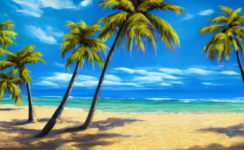 Image similar to A beautiful award winning painting of a tropical beach with palm trees and blue ocean, trending on artstation