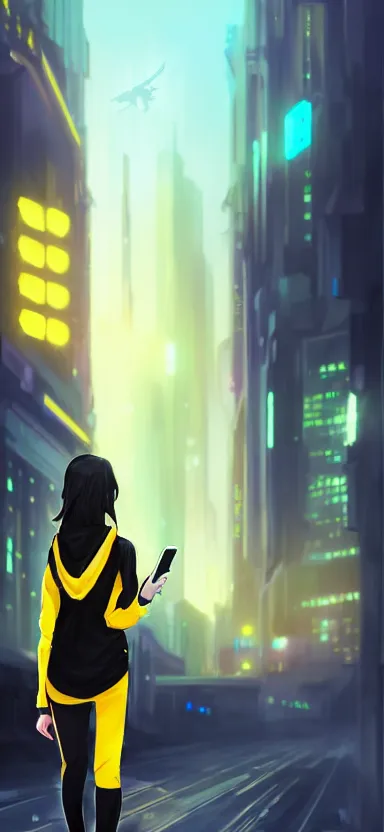 Prompt: a vtuber model concept art of a beautiful girl in a black and yellow hoodie looking on a smartphone in her hand, blue eyes, long hair, full body art, futuristic city background, artstation, digital art, commission art, style by jordan grimmer and greg rutkowski, 4 k resolution