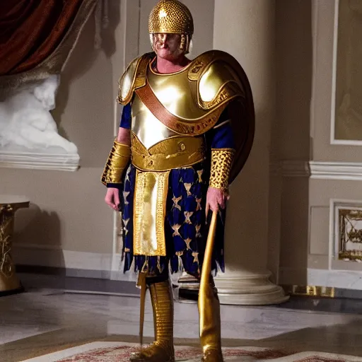 Prompt: cinematic shot of donald trump wearing ancient roman military armor in the white house, 8 k, very detailed, very intricate,