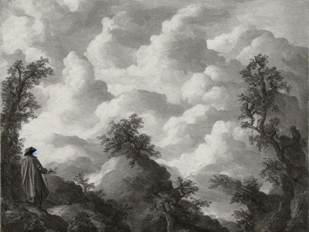 Image similar to a man in a grey cloak and brimmed hat with a staff travelling trough the forest and mountains looking at the clouds in the style of neo-romanticism