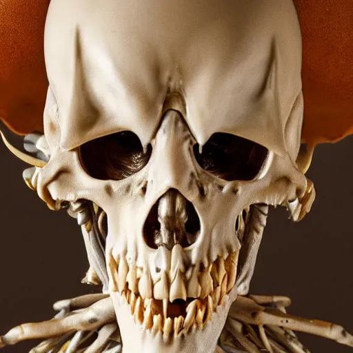 Prompt: photorealistic still portrait photograph of real - life ainz looking at the camera, overlord, depth of field, soft focus, highly detailed, intricate, realistic, national geographic cover, textured detailed skeleton, professional archeological photograph