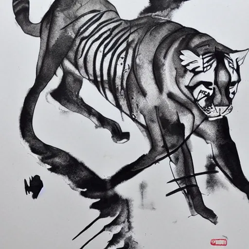 Prompt: emotional movement of muscle panthers, ink painting, in style of thawan duchanee, high quality,