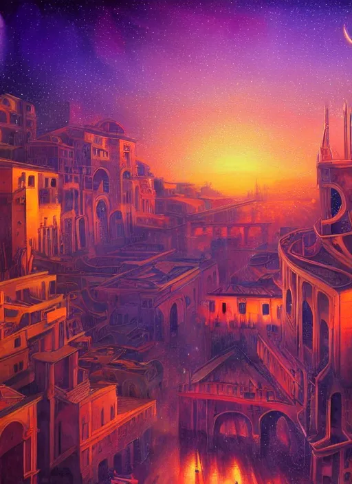 Prompt: ethereal starlit city of magic lost in time at sunset, italian futurism, da vinci, hd, digital painting