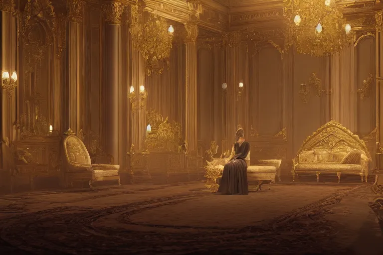 Prompt: a victorian age throne room with emily blunt on the throne, key visual, conceptart, ambient lighting, highly detailed, digital painting, artstation, concept art, sharp focus, by makoto shinkai and akihiko yoshida and greg manchess