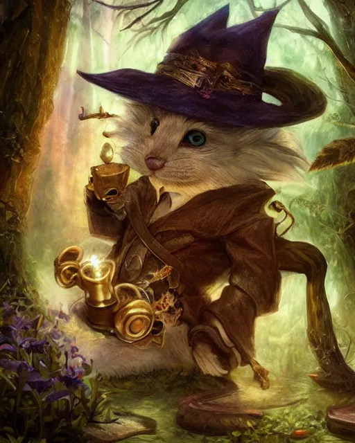 Image similar to Trumpet played by mouse in magical forest, portrait, wearing hat, magical notes, fairy atmosphere, magic the gathering artwork, D&D, fantasy, cinematic lighting, centered, symmetrical, highly detailed, digital painting, artstation, concept art, smooth, sharp focus, illustration, volumetric lighting, epic Composition, 8k, art by Akihiko Yoshida and Greg Rutkowski and Craig Mullins, oil painting, cgsociety
