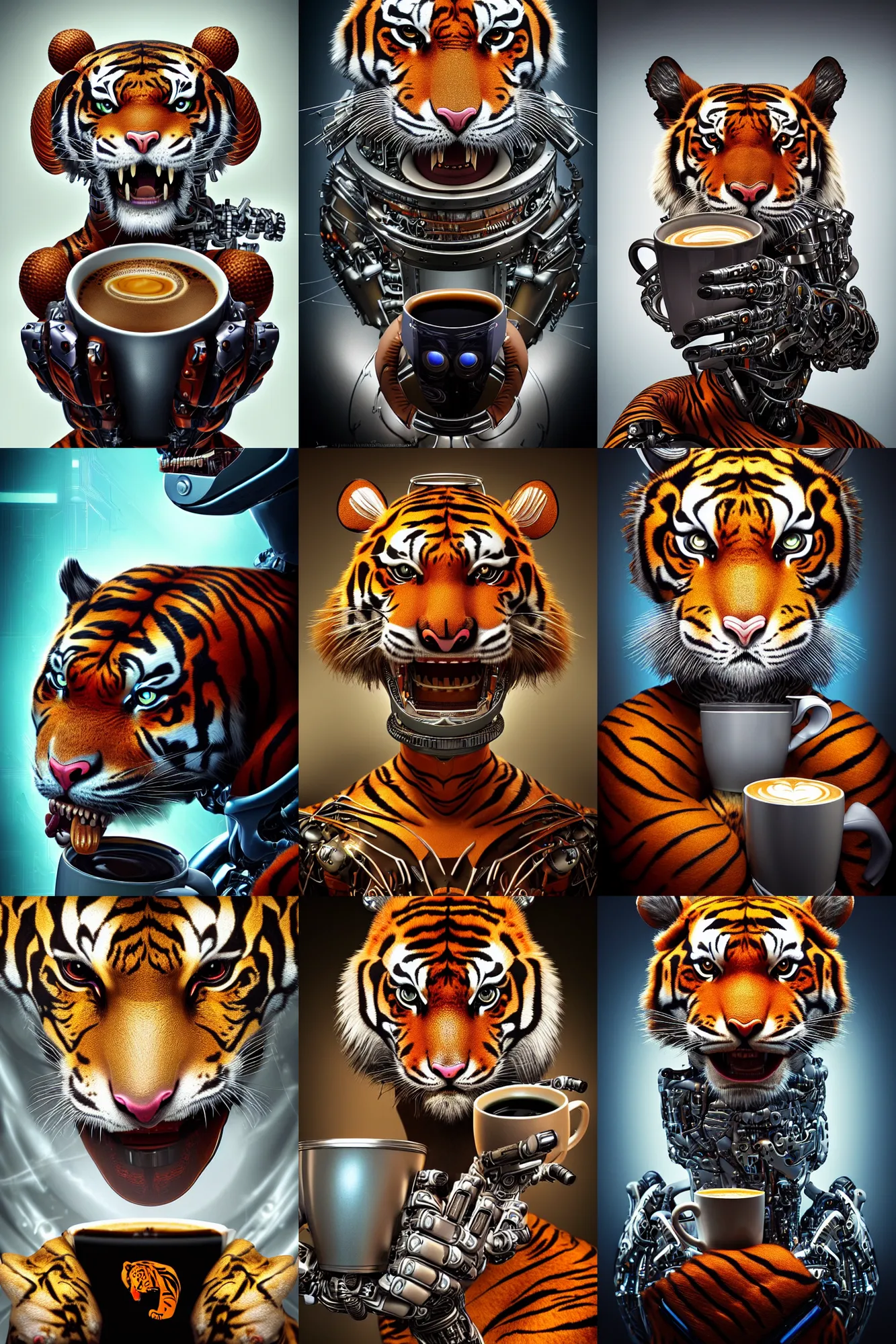 Prompt: a stunning ultra detailed fantasy surreal portrait of a futuristic cyborg tiger with a cup of coffee, cybernetic bionic implants, sharp focus, 5 0 mm lens, studio lighting, by naoto hattori and anna dittman, artstation, 8 k