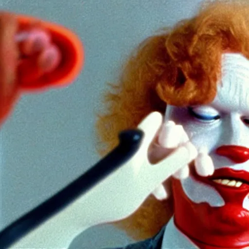 Image similar to ronald mcdonald putting the lotion on its skin or else it gets the hose again, horror, vhs quality, realistic, dutch angle