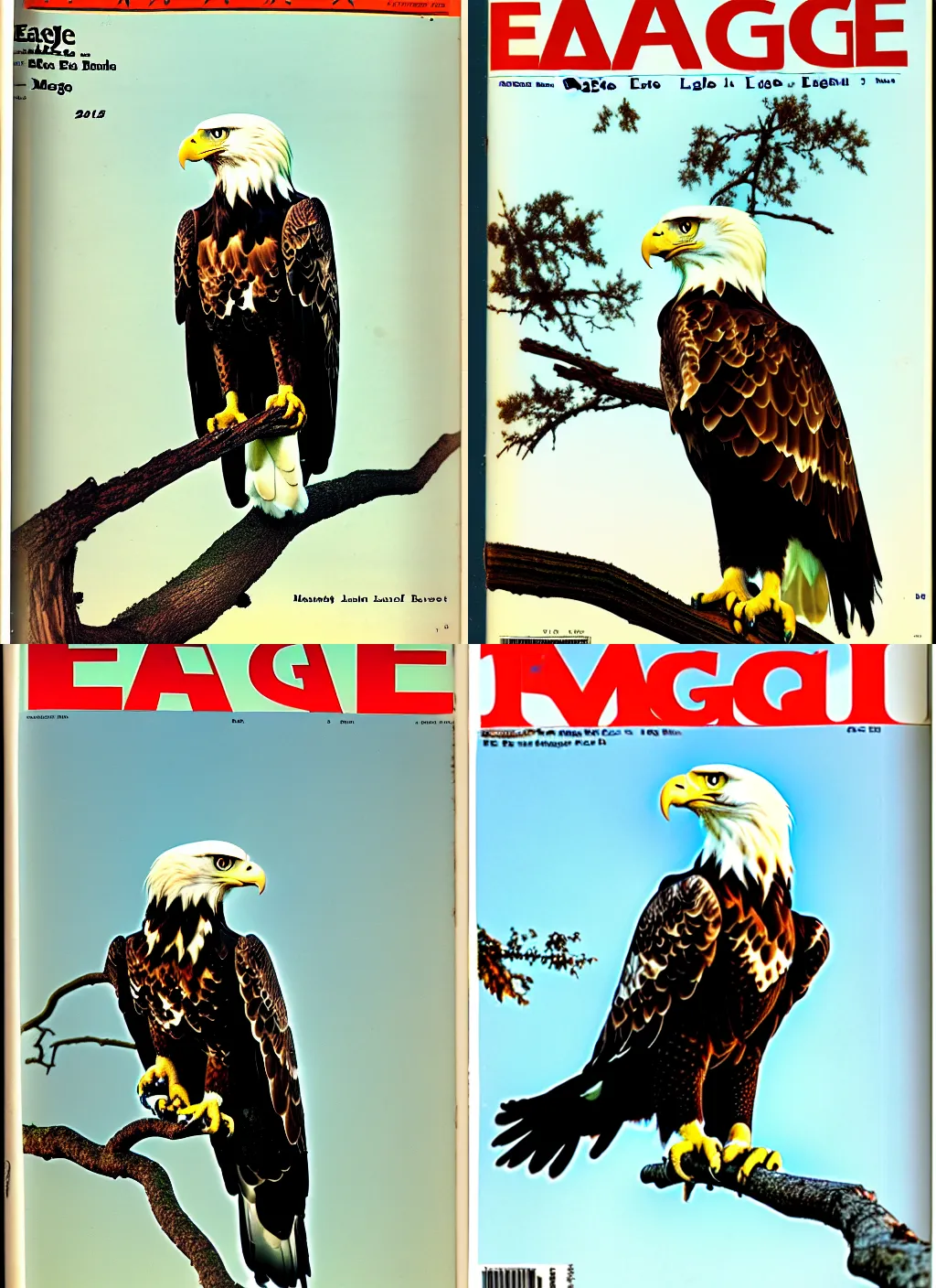 Prompt: magazine cover, view of eagle on branch from the ground