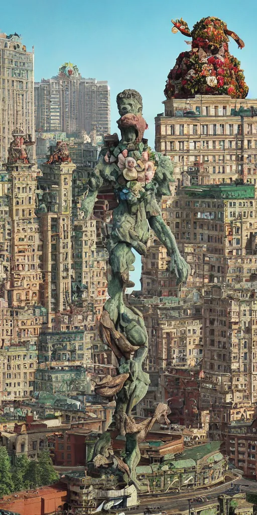 Prompt: giant grotesque flower proletariat statue in the middle of abandoned early soviet constructivist cityscape, Stalinist architecture, ultradetailed by Hayao Miyazaki and Josan Gonzalez and Makoto Shinkai and Giuseppe Arcimboldo and Wes Anderson