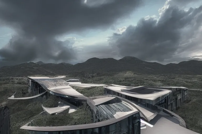 Prompt: modern architecture architecture in a modern valley, dramatic sky, digital art, 4k, 8k, trending on ArtStation