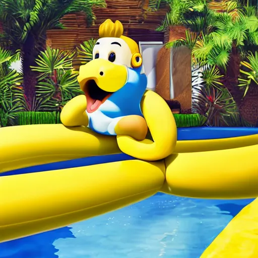 Image similar to Drake riding a big banana in a pool, 8k, sharp, high details, detailed face