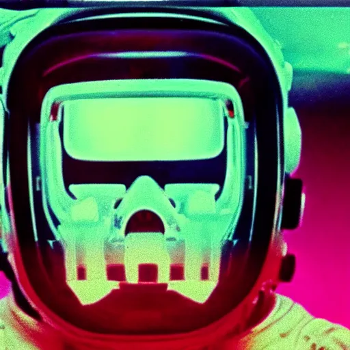 Prompt: astronaut with neon glowing skull, 1 9 6 0 s, color bleed, video compression, video glitch, monochrome, akira kurosawa, mamoru oshii, wes anderson, stanley kubrick