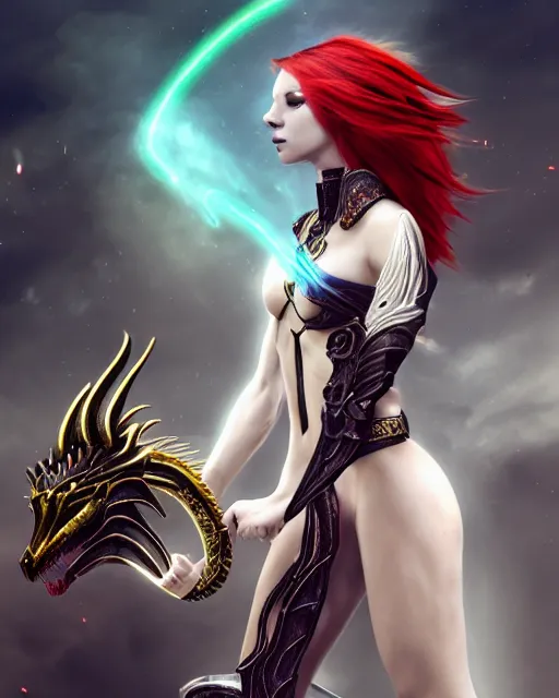 Prompt: red - haired final fantasy white marble egyptian pharaoh stroking her rainbow - dragon, warframe armor, regal, attractive, ornate, sultry, beautiful, elize theron, pretty face, green eyes, scifi platform, 4 k, ultra realistic, epic lighting, illuminated, cinematic, black gold, art by alexandra petruk, voidstar