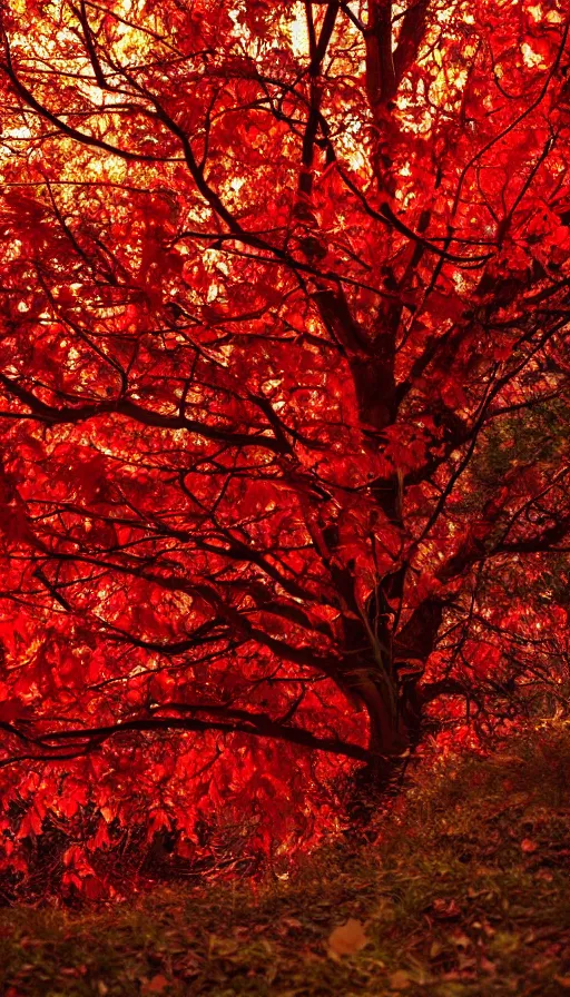 Prompt: beautiful autumn tree with red leaves, melancholy autumn light, blood pumping through veins, blood red leaves, blood vessels stretching out intricately, biological beauty, sinister, atmospheric HD photograph, depth of field