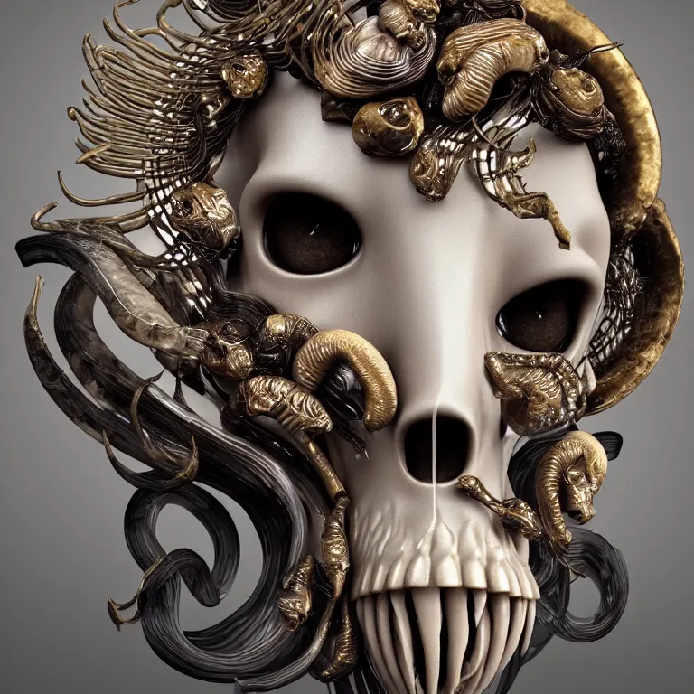 Image similar to goddess princess face close-up portrait ram skull. sculpture made of polished gold and matte obsidian. jellyfish phoenix head, nautilus, orchid, skull, betta fish, bioluminiscent creatures, intricate artwork by Tooth Wu and wlop and beeple. octane render, trending on artstation, greg rutkowski very coherent symmetrical artwork. cinematic, hyper realism, high detail, octane render, 8k