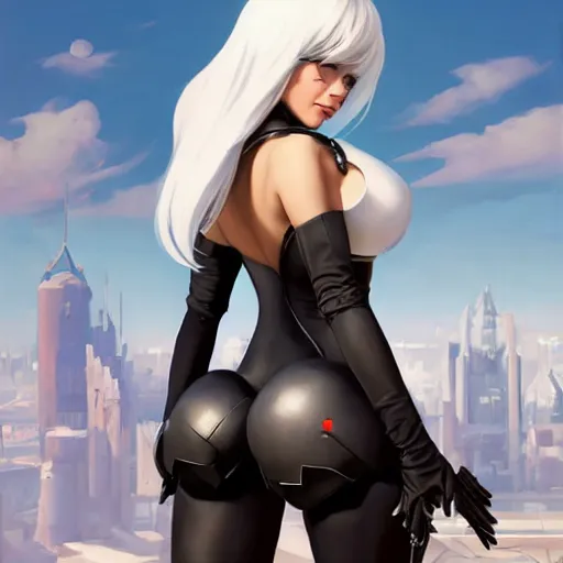 Image similar to greg manchess portrait painting of yorha type a no. 2 as tracy from overwatch, back shot, asymmetrical, profile picture, organic painting, sunny day, matte painting, bold shapes, hard edges, street art, trending on artstation, by huang guangjian and gil elvgren and sachin teng