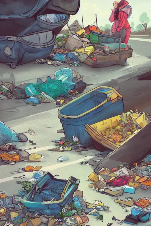 Prompt: fullstack of trash, realistic, art by jacqueline e, color by tafy laplanche, background by bo feng lin