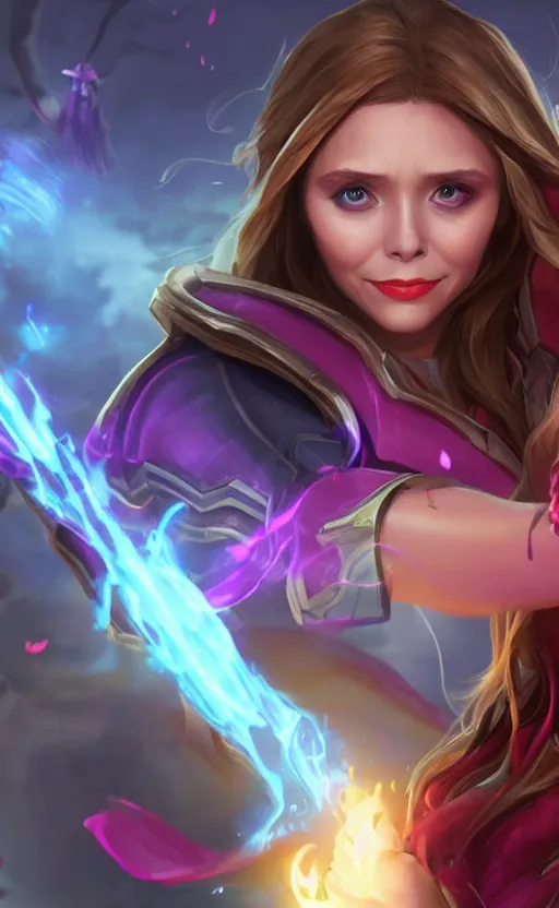 Prompt: Elizabeth Olsen as a character in the game League of Legends, with a background based on the game League of Legends, detailed face, old 3d graphics