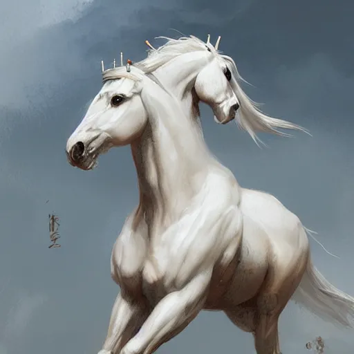 Image similar to a white horse The one who rode him carried arrows and a bow in his hand, and they gave him a crown, digital Art, Greg rutkowski Trending artstation