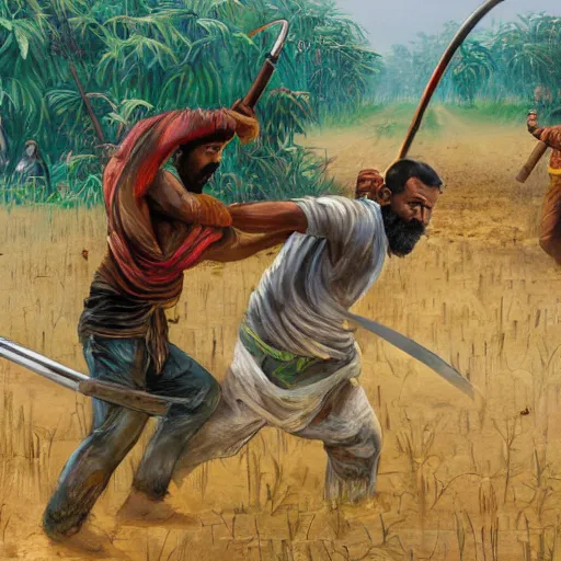 Prompt: bangla farmer fighting, hand to hand combat with machete, full body view, long flowing hair, deathmatch, glowing eyes, horseback combat attacker foreground, islamic revolution, mongolian invasion of iraq, invading army background, classicism artstyle, sharp brushstrokes