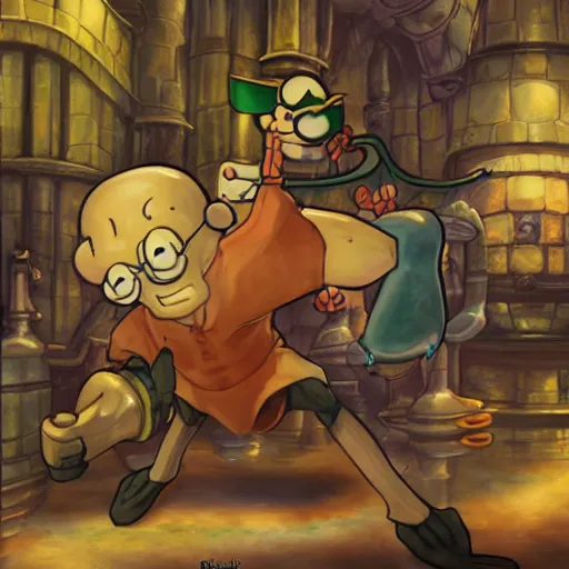 Prompt: squidward dabbing at goblins, vanillaware artwork, george kamitani